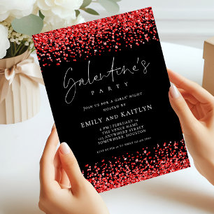 Glam Red Glitter Gräns Black Galentines Party Inbjudningar