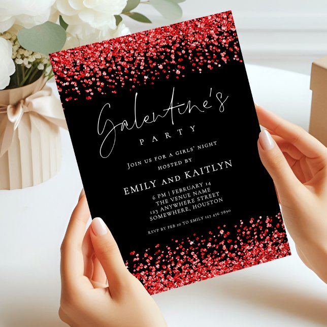 Glam Red Glitter Gräns Black Galentines Party Inbjudningar (Skapare uppladdad)