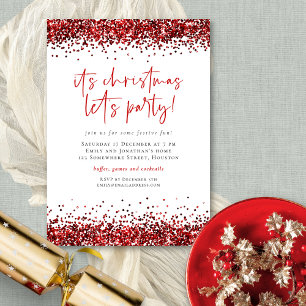 Glam Red Glitter jul Lets Party Inbjudningar