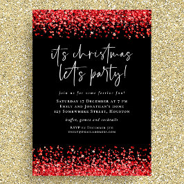 Glam Red Glitter, jul, Party Black Inbjudningar