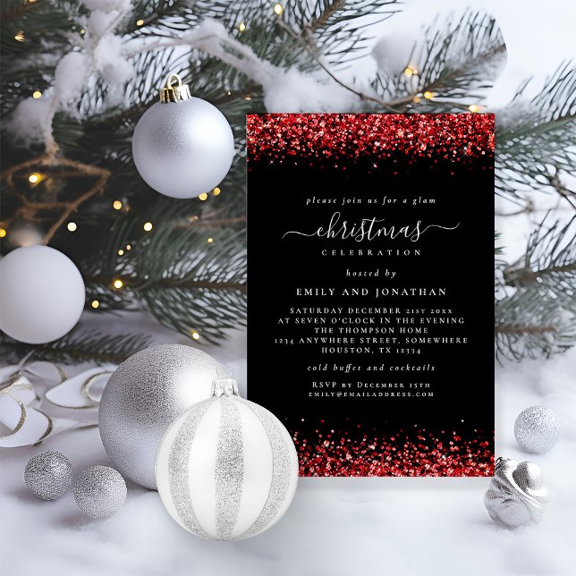 Glam Red Glitter jul Party Black Inbjudningar (Available digitally and printed)