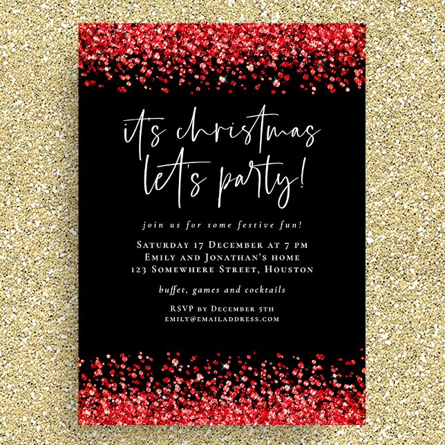 Glam Red Glitter, jul, Party Black Inbjudningar (Available digitally and printed)
