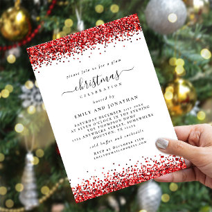 Glam Red Glitter jul Party White Inbjudningar