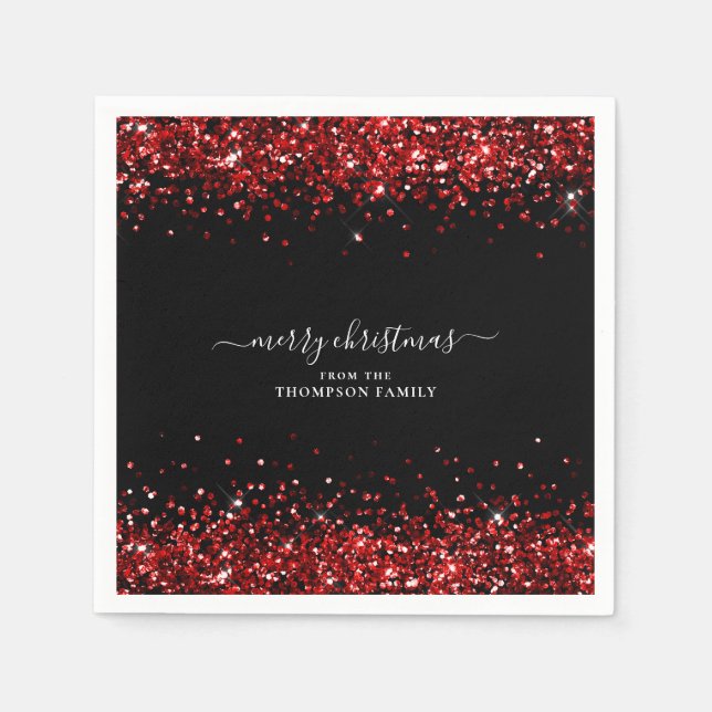 Glam Red Glitter Namn God jul Black Pappersservett (Framsidan)