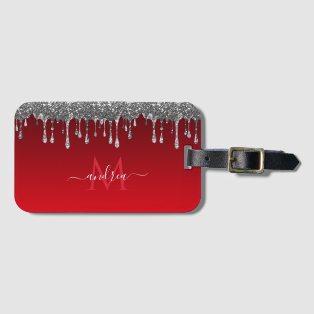Glam Red Gradient Monogram och Namn i silver Glitt Bagagebricka (Framsida horisontal)