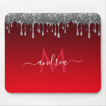 Glam Red Gradient Monogram och Namn i silver Glitt
