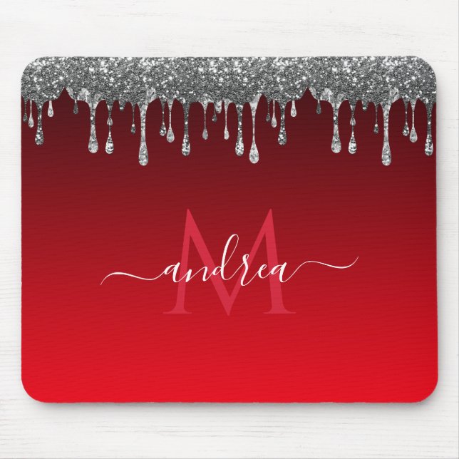 Glam Red Gradient Monogram och Namn i silver Glitt Musmatta (Framsidan)