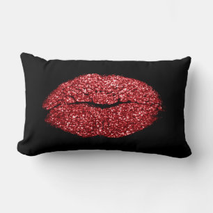 Glam Red Läppar Glitter Black Makeup Kiss Lumbarkudde