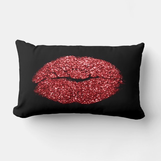Glam Red Läppar Glitter Black Makeup Kiss Lumbarkudde (Framsida)