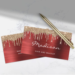 Glam Red Metall Guld Glitter Drip Hair & Makeup Visitkort