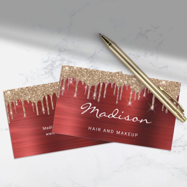 Glam Red Metall Guld Glitter Drip Hair & Makeup Visitkort (Glam Red Metal Gold Glitter Drip Hair & Makeup Business Card)
