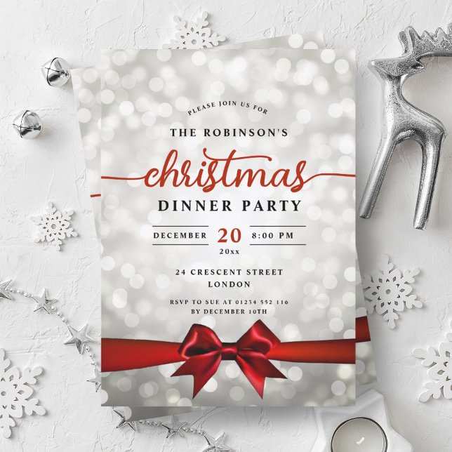 Glam Red Ribbon Silver Ljus jul Party Inbjudningar (Glam Red Ribbon Silver Lights Christmas Party Invitation)