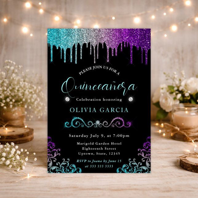 Glam Regnbåge Gradient Glitter Quinceanera Inbjudningar (Skapare uppladdad)