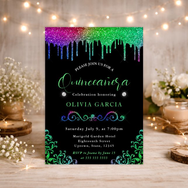 Glam regnbågsgradient glitter Quinceanera Inbjudningar (Skapare uppladdad)