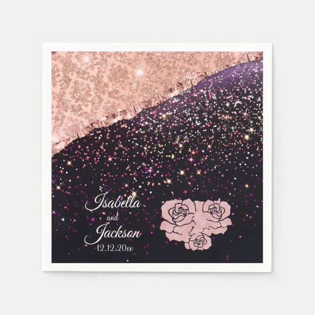 Glam Ro Black Glitter  Rosor Bröllop Pappersservett (Framsidan)