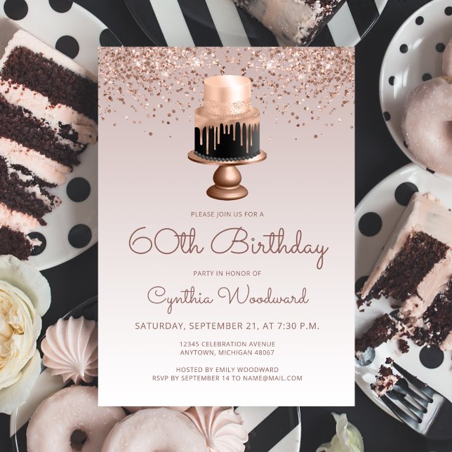 Glam Ro Glitter Cake 60:e Födelsedagsfesten Inbjudningar (Skapare uppladdad)