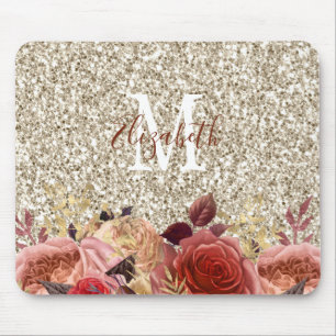 Glam Ro Guld Blommigt Monogram Light Guld Glitter Musmatta