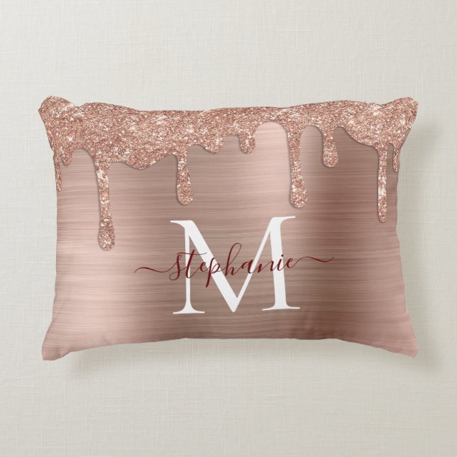 Glam Ro Guld Glitter Drip Elegant Monogram Prydnadskudde (Framsidan)