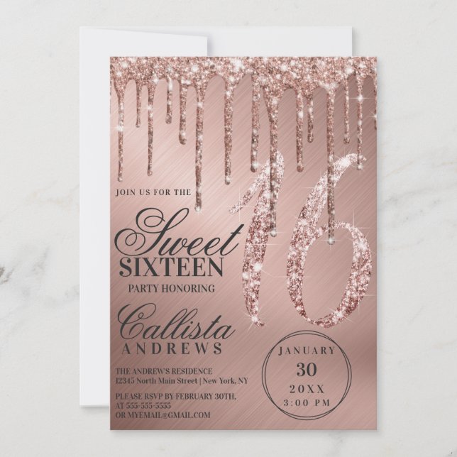 Glam Ro Guld Metallic Glitter Drips Sweet 16 Inbjudningar (Framsida)
