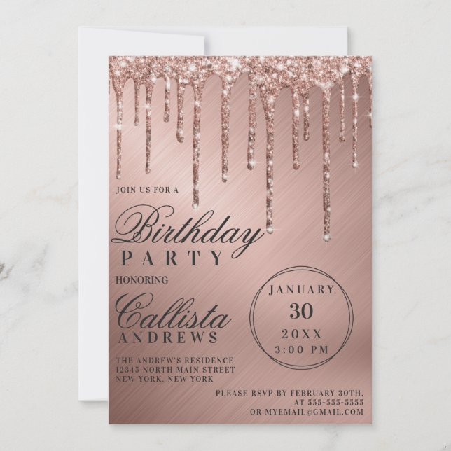 Glam Ro Guld Metallic Glitter Drives Birthday Inbjudningar (Framsida)