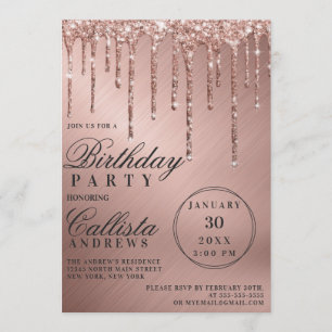 Glam Ro Guld Metallic Glitter Drives Birthday Inbjudningar