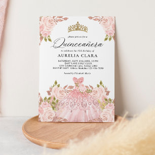 Glam Ro Guld Rosa Dress Blommigt 15th Quinceañera Inbjudningar
