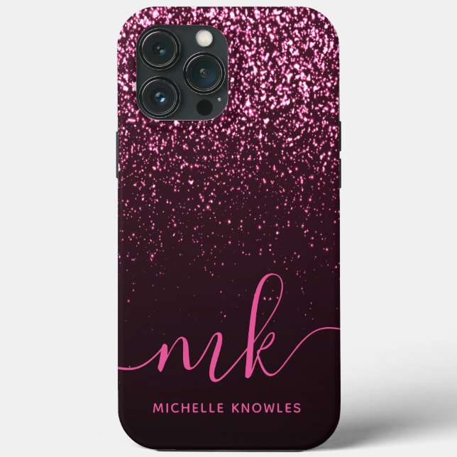 Glam Ro Rosa Glitter Modern Script Monogram Namn (Baksida)