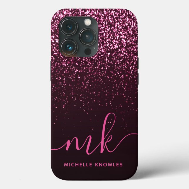 Glam Ro Rosa Glitter Modern Script Monogram Namn (Baksida )