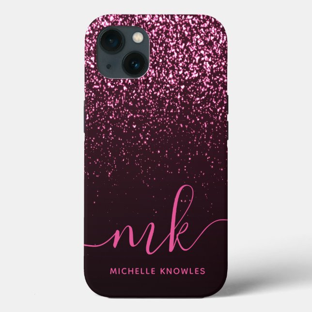 Glam Ro Rosa Glitter Modern Script Monogram Namn (Baksida)