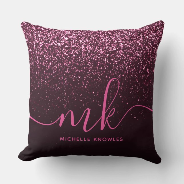 Glam Ro Rosa Glitter Modern Script Monogram Namn Kudde (Framsida)
