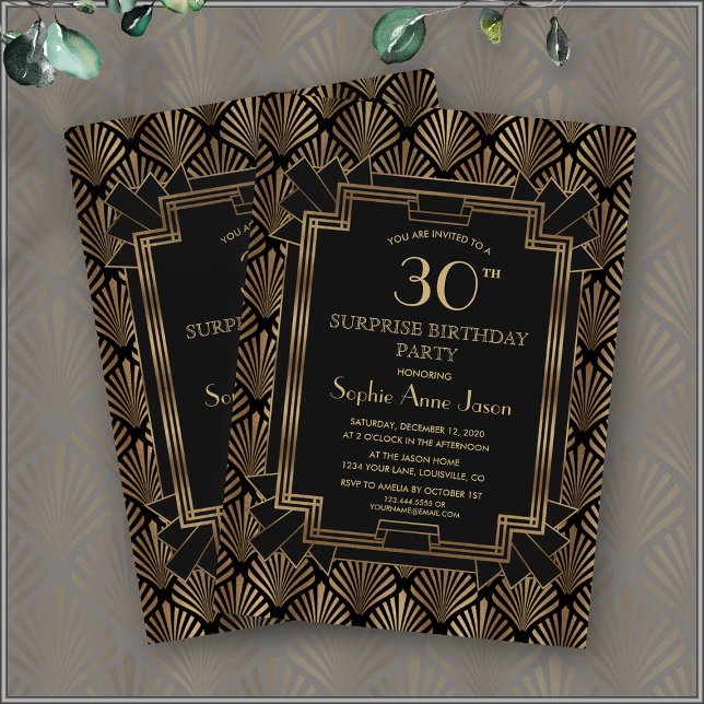 Glam Roaring 20:s Underbara Gatsby Art Deco Birthd Inbjudningar (30th birthday Art Deco invitation elegant, trendy roaring 20s)