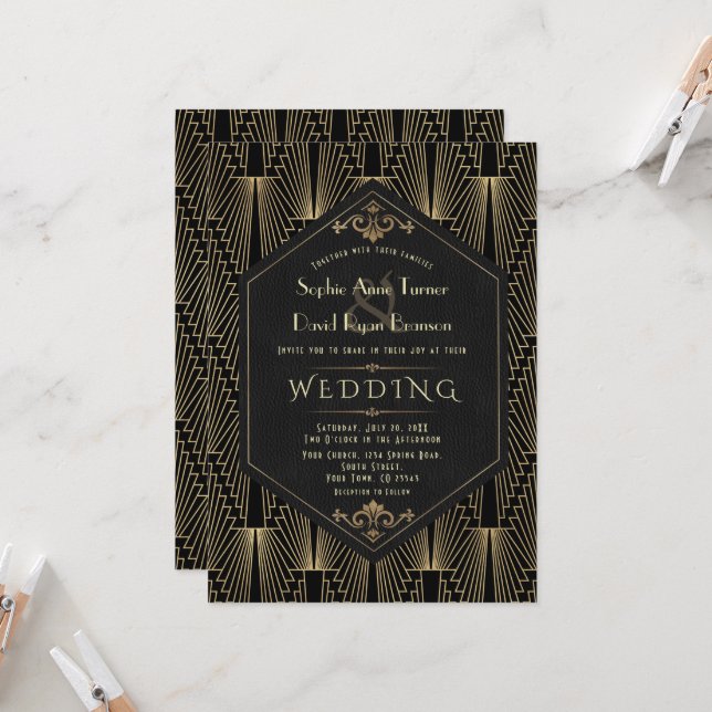 Glam Roaring 20s Great Gatsby Art Deco Wedding Inbjudningar (Fram/Back In Situ)