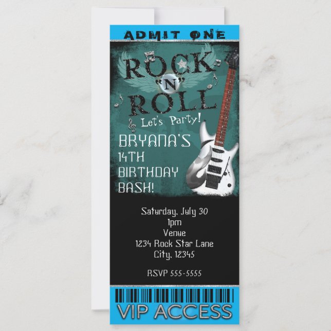 Glam Rock N Roll Star Birthday Biljett VIP Party Inbjudningar (Framsida)