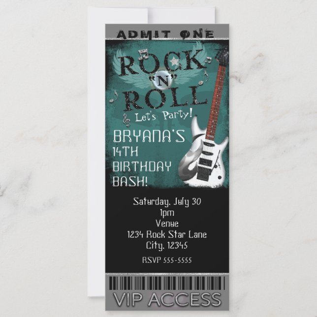 Glam Rock N Roll Star Birthday Biljett VIP Party Inbjudningar (Framsida)