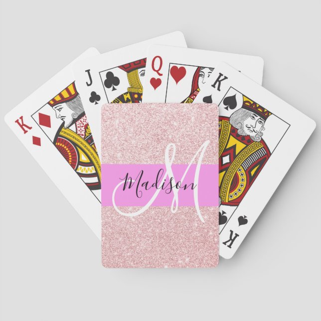 Glam Röda Rosa Rosa Guld Glitter Glans Monogram Casinokort (Baksidan)