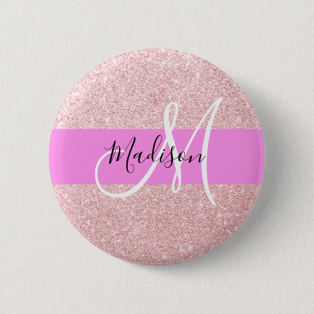 Glam Röda Rosa Rosa Guld Glitter Gnistra Monogram Knapp (Framsida)