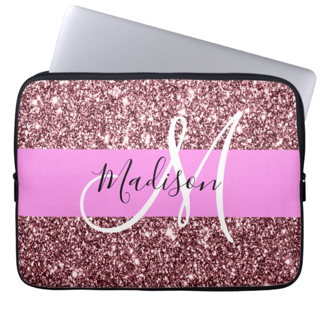 Glam Röda Rosa Rosa Guld Glitter Gnistra Monogram Laptop Fodral (Framsidan)