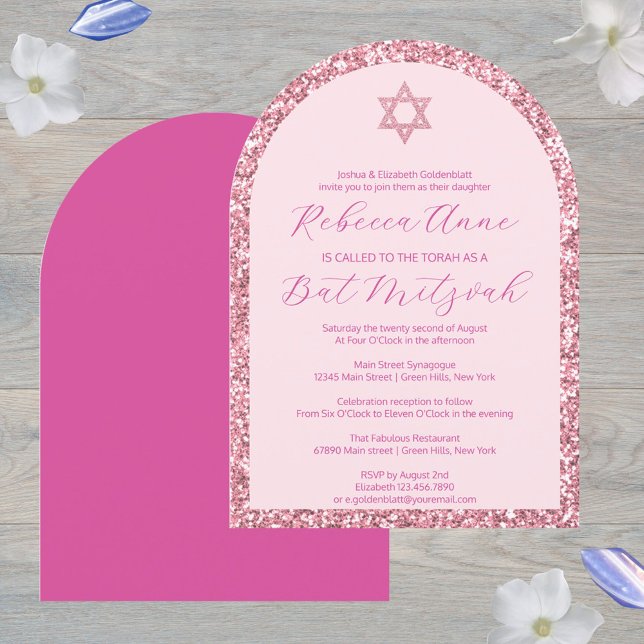 Glam Rosa Arch Traditional Elegant Bat mitzvah Inbjudningar (Arched shaped Bat Mitzvah invitations in pink glam with faux glitter details)