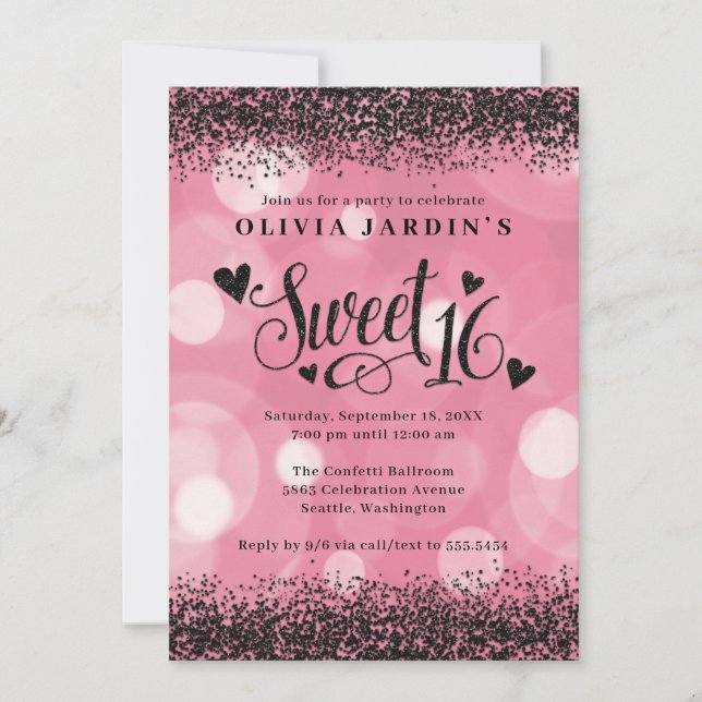 Glam Rosa & Black Glitter Sweet 16 Inbjudningar (Framsida)