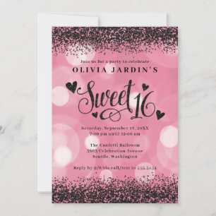 Glam Rosa & Black Glitter Sweet 16 Inbjudningar