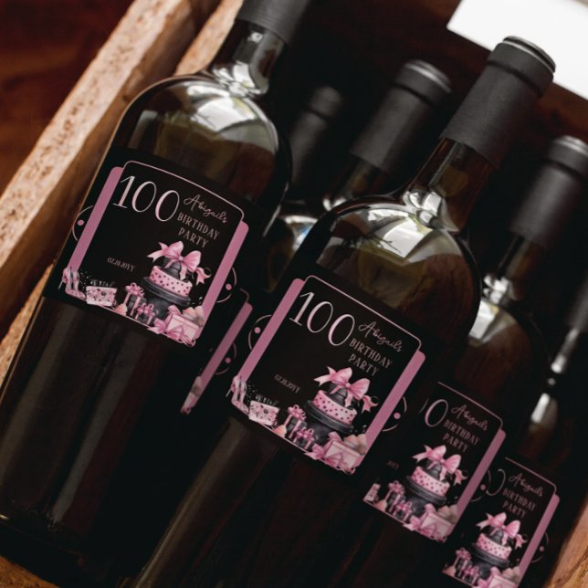 Glam Rosa Black Mode 100:e Födelsedagsfesten (Glam Pink and Black French Couture Fashion 100th Birthday Party Bottle Labels)