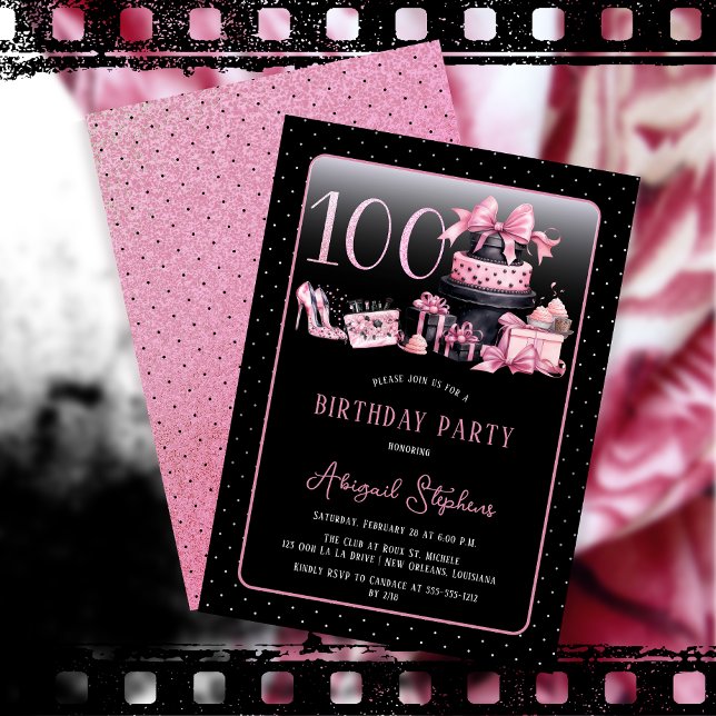 Glam Rosa Black Mode 100:e Födelsedagsfesten Inbjudningar (Glam Pink and Black French Couture Fashion 100th Birthday Party Invitation)