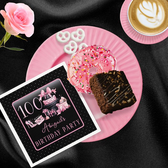 Glam Rosa Black Mode 100:e Födelsedagsfesten Pappersservett (Glam Pink and Black French Couture Fashion 100th Birthday Party Paper Napkins)