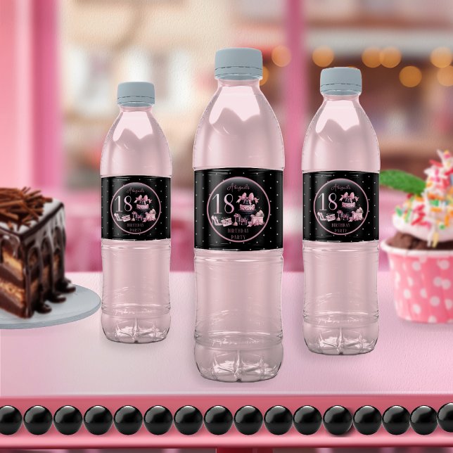 Glam Rosa Black Mode 18:e Födelsedagsfesten Vattenflaskor Etikett (Glam Pink and Black French Couture Fashion 18th Birthday Party Water Bottle Labels)