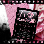 Glam Rosa Black Mode 21:a födelsedagen Party Inbjudningar<br><div class="desc">Glamorös Fransk-inspirerad,  rosa och svart 21-årsdesign med en hatt-kaka,  rosa stilettos och en sminkpåse bland olika oöppnade presenter- och lusartade muffinsar. Perfekt för att fira födelsedag i tillfälle. Ålder skapas i ett ej redigerbart faux rosa glitter-teckensnitt.</div>