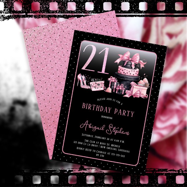 Glam Rosa Black Mode 21:a födelsedagen Party Inbjudningar (Glam Pink and Black French Couture Fashion 21st Birthday Party Invitation)