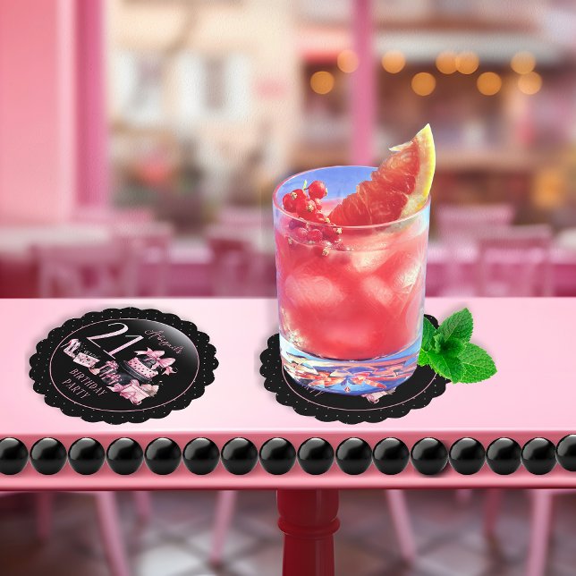 Glam Rosa Black Mode 21:a födelsedagen Party Underlägg Papper (Glam Pink and Black French Couture Fashion 21st Birthday Party Coasters)