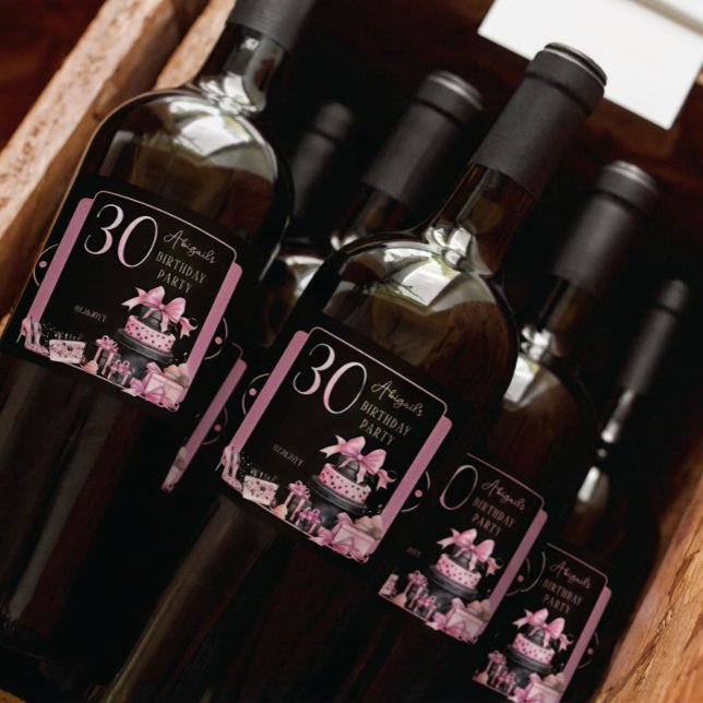 Glam Rosa Black Mode 30års födelsedag Party (Glam Pink and Black French Couture Fashion 30th Birthday Party Bottle Labels)