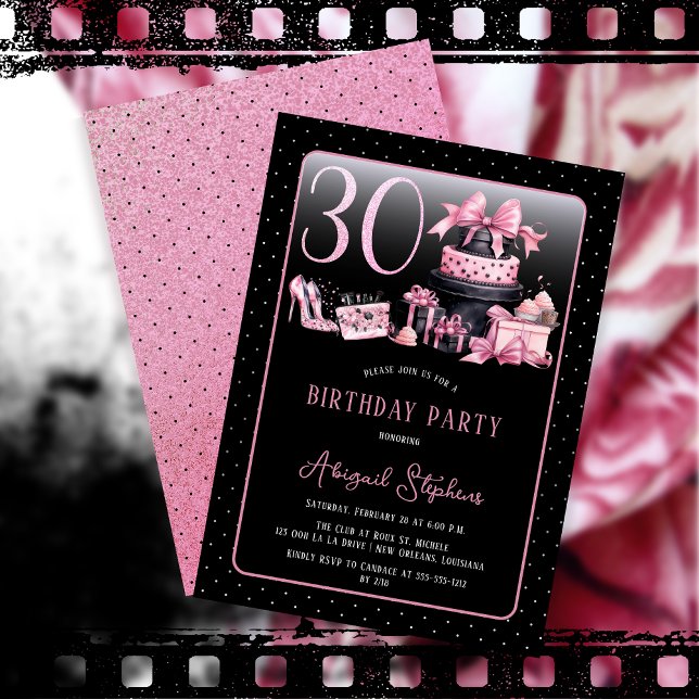 Glam Rosa Black Mode 30års födelsedag Party Inbjudningar (Glam Pink and Black French Couture Fashion 30th Birthday Party Invitation)