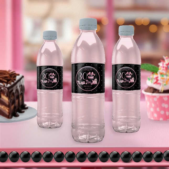 Glam Rosa Black Mode 30års födelsedag Party Vattenflaskor Etikett (Glam Pink and Black French Couture Fashion 30th Birthday Party Water Bottle Labels)